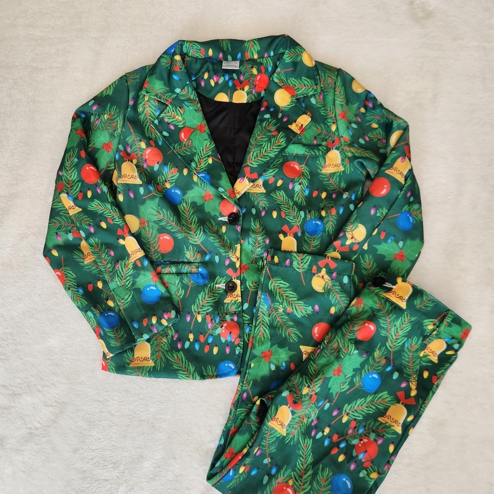 Christmas Holiday Suit Jacket Pants Boys Small Tree Bells Lights Green Festive